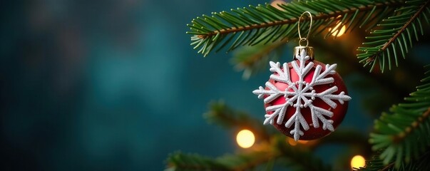 Snowflake ornament hung from Christmas tree branch, ornaments, decorations