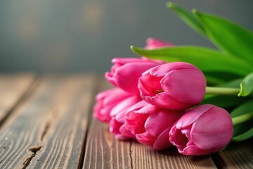 Tulip bouquet in shades of pink and green on a wooden table, color, spring, texture
