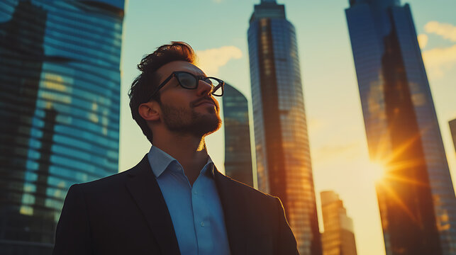 wealthy successful corporate leader posing in a big city with tall skyscrapers during sunset thinking about new business ventures and visionary growth