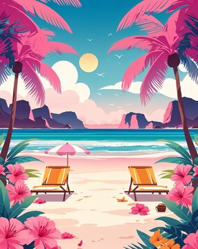 pink theme Summer vacation card invitation plain modern flat illustration background with copy space backdrop