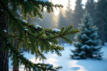 Pine branches entwined with other evergreen trees in a dense Siberian forest, woodland atmosphere, winter