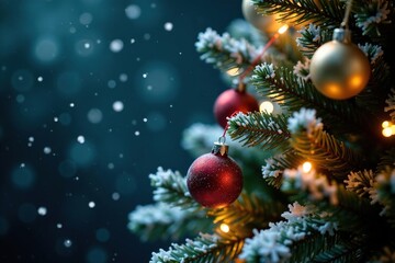 Sparkling snowflakes gently fall onto the Christmas tree, sparkling, decorations, frosty