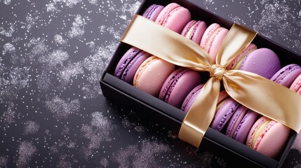 Colorful French Macaroons in a Gift Box with a Golden Ribbon on a Dark Background, Perfect for Celebrations and Special Occasions, Dessert Treat Concept