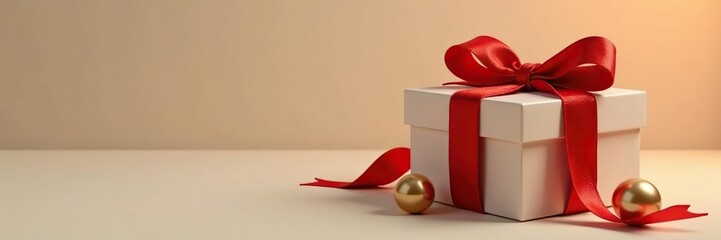 Luxury gift box with golden balloons tied around a red velvet ribbon, ribbons, gift, luxury