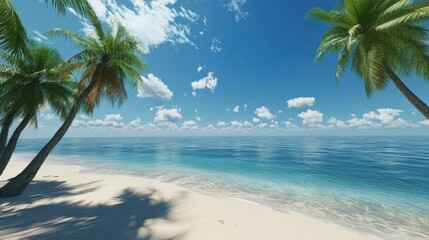 A serene beach view with palm trees and a clear blue sky, perfect for relaxation and leisure.