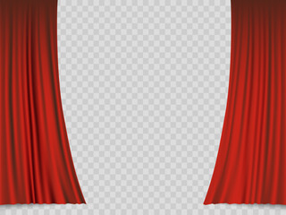 Red velvet theater or cinema curtain. Isolated on transparent background. Vector illustration