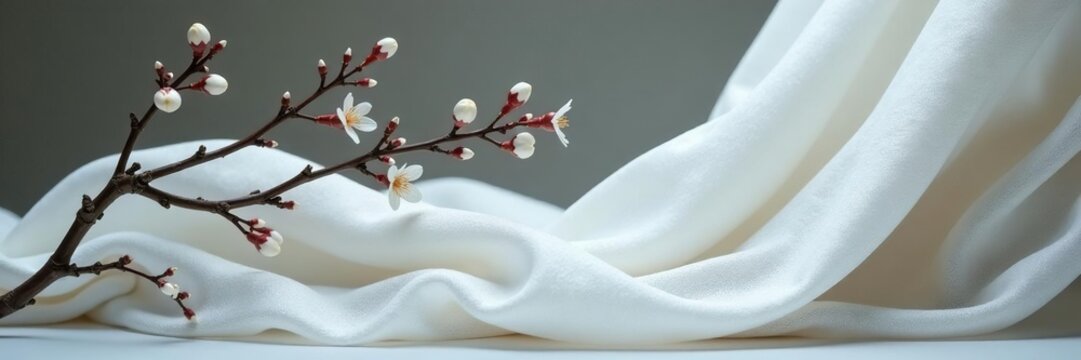 Diaphanous fabric draped elegantly around a slender branch, white, fabric, gentle