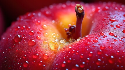 Close-up of a red apple with water droplets.