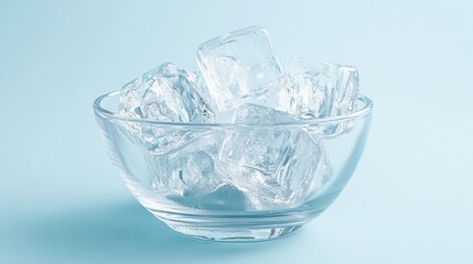 Ice cubes in a glass bowl with a frosty texture, placed on a solid pale blue background, evoking a refreshing cold feeling.