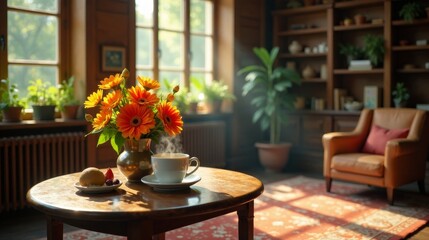 Fototapeta premium Sunlit Room with Orange Flowers, Warm Drink, and Sweet Treat on Wooden Table