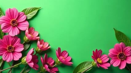 Vibrant Pink Flowers Arranged on a Lush Green Background, Creating a Delightful and Festive Floral Composition Perfect for Spring or Summer Designs and Projects