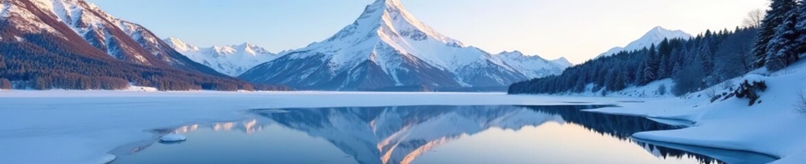 Snowy peak of Monte Rosa reflected in frozen Valsesia lake, monte rosa, italian alps, winter