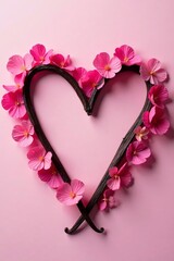 Obraz premium Top view of vanilla sticks arranged in a heart shape with pink flower petals, petals, pink flower