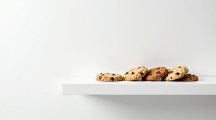 A delightful arrangement of freshly baked chocolate chip cookies on a minimalist white shelf against a clean white backdrop