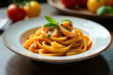 Freshly cooked tagliolini pasta in a rich crab sauce, tableware, tagliolini