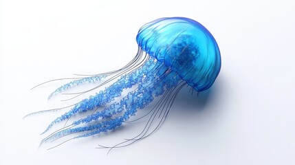 A captivating 3D blue jellyfish with a long, slender form and a gently tilted round head. Its intricate layers ripple gracefully in ocean hues
