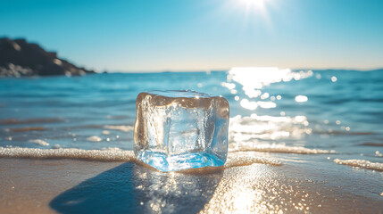 melting ice cube lying on warm sand under bright sun capturing quirky summer humor in surreal vacation themed funny concept and hot weather illustration