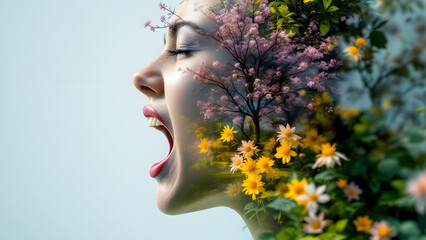 A figure surrounded by a garden bursting with flowers and greenery, evoking Spring exacerbation