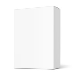 Realistic white closed paperboard box mockup. Half side view. Vector illustration isolated on white background. Taking your 2D designs into 3D. Can be use for pharmacy, cosmetic, food. EPS10.
