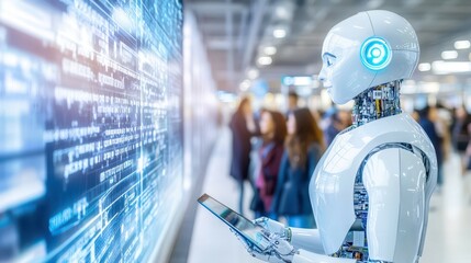 AI and Tablet: A sleek, humanoid robot examines data on a tablet, set against a backdrop of a futuristic cityscape, symbolizing the evolution of artificial intelligence. 
