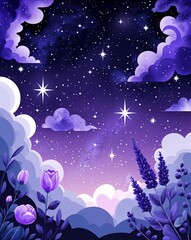 purple theme Starry night sky birthday invitation plain modern flat illustration background with copy space backdrop