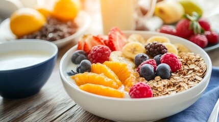 Fresh and Colorful Fruit Bowl with Oatmeal and Yogurt on Table