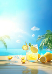 Obraz premium Scene of 3d illustration lemonade, summer, whole lemonade in swimming pool, clean backgrounds.