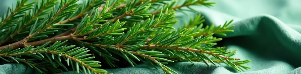 Freshly cut evergreen branches wrapped in sage green fabric, evergreen, earthy, rustic