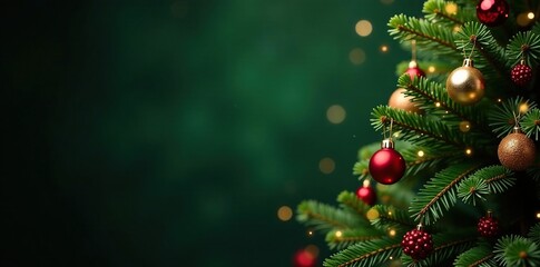 Green Christmas tree with golden red berries and pinecones, festive atmosphere, golden ornaments, Christmas tree