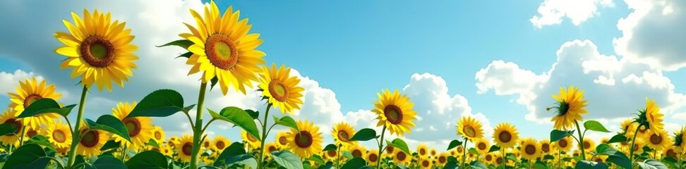 Fototapeta premium Tall sunflower stalks sway gently in cloudy breeze, greenery, breeze, tall sunflowers