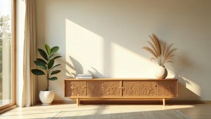 Sunlit Living Room with Ornate Wooden Media Console and Natural Decor