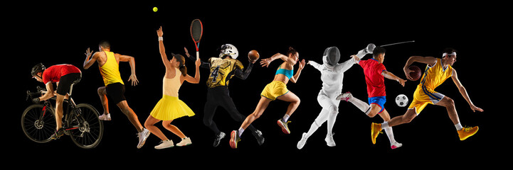 Obraz premium Collage. Banner. Dynamic athletes from various sports, dressed vibrant uniform, showcase intense actions against black backdrop. Concept of sport, competition, action, motion, energy, tournament.