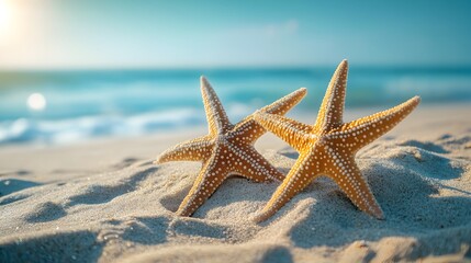 Two starfish on sandy beach with copy space against clear blue ocean in background