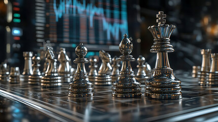 financial graph behind detailed metallic chess board showing business intelligence investment analysis and competitive market strategy in corporate setting