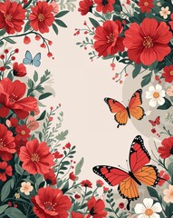 red theme Enchanted floral butterfly party invitation plain modern flat illustration background with copy space backdrop