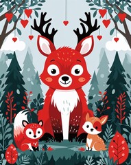 Naklejka premium red theme Forest animals baby shower invitation plain modern flat illustration background with copy space backdrop