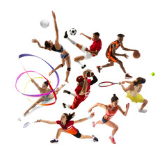 Dynamic collage. Group of athletes from various sports perform intense actions on white background....