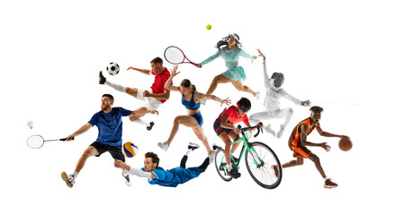Vibrant collage. Dynamic athletes from multiple sports execute powerful moves in sequential display against white background. Concept of sport games, competition, action, motion, precision.
