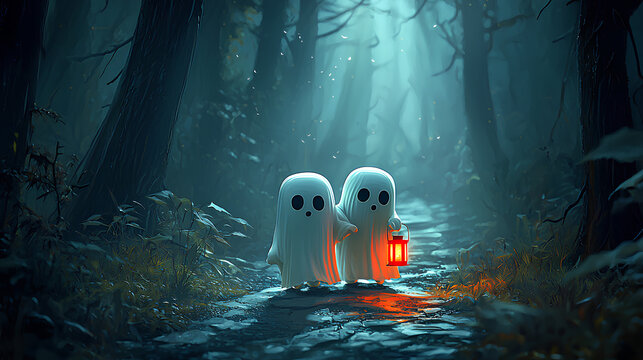 little ghost carrying another little ghost on its shoulder, holding a red lantern in its hand The background is a terrifying forest, surrounded by mist, eerie and haunting, at night
