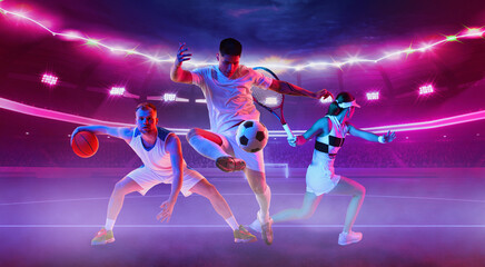 Composite image. Young, energetic athletes from various sports engage in thrilling games on illuminated by neon light stadium. Concept of sport games, competition, motion, championship.