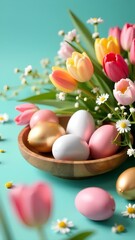 Fototapeta premium A bowl of eggs and flowers on a blue background. The bowl is wooden and has a gold and white egg in it. 