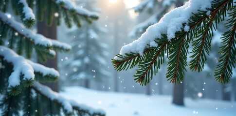 Pine branches under a blanket of fresh powder and snowflakes, serene woods, pine