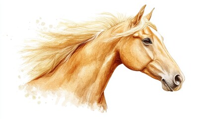 Dynamic watercolor depiction of a brown horse&rsquo;s head and neck, with a realistically styled mane flowing elegantly in the breeze, capturing movement and grace