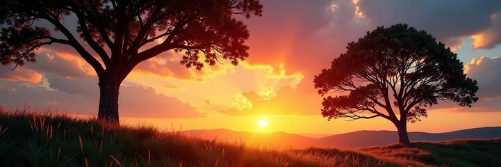 Fototapeta premium Trees swaying gently in the wind as sunset approaches, sky, leaves