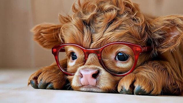 A fluffy young cow resting on a surface while wearing stylish glasses. Vision problems in children, farsightedness and myopia, consultation with an ophthalmologist and contact lenses