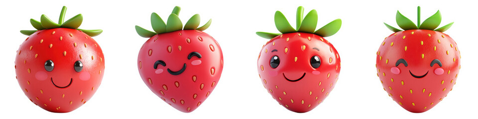 Cute smiling strawberries with green leaves, showcasing cheerful expressions
