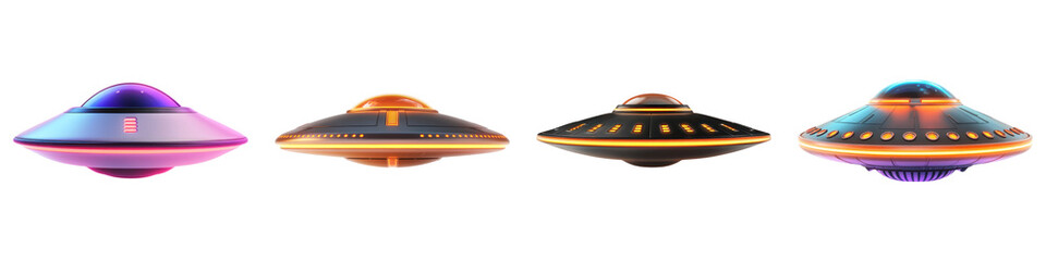 Colorful UFOs with glowing lights in futuristic design