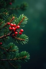 Pine branch with bright red berries against a dark green backdrop, forest, winter, evergreen
