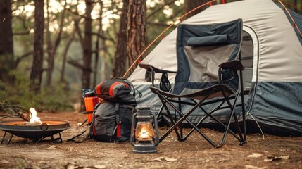 Obraz premium Camping scene depicting a tent chair backpack and fire