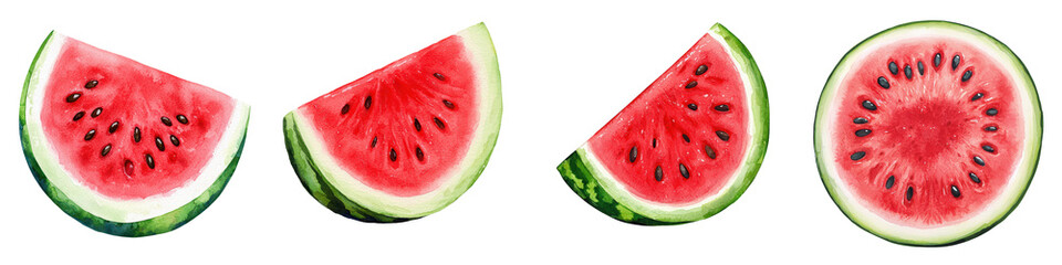 Closeup of fresh juicy slices of ripe red watermelon with green rind and black seeds arranged on a simple background  The watermelon slices have a vibrant colorful appearance and a nourishing
